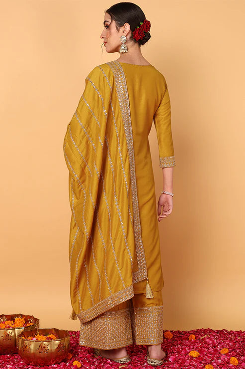 Plus Size Mustard Silk Blend Solid Embroidered Straight Suit Set