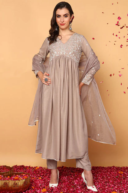 Nude Silk Blend Solid Embroidered Flared Suit Set