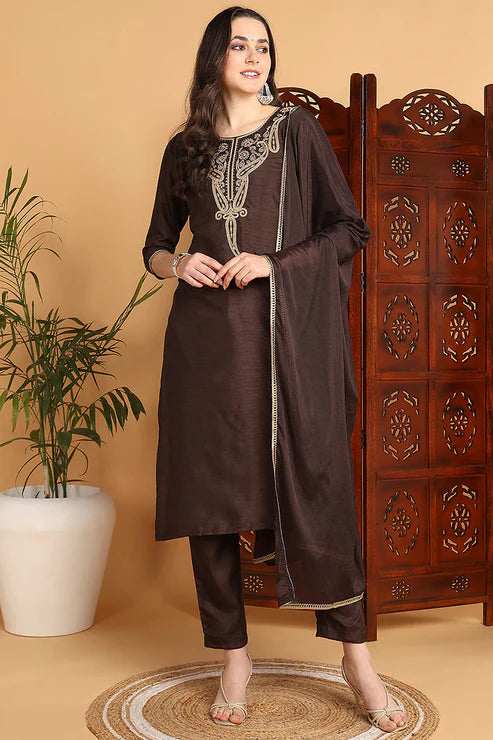 Brown Silk Blend Solid Embroidered Straight Suit Set