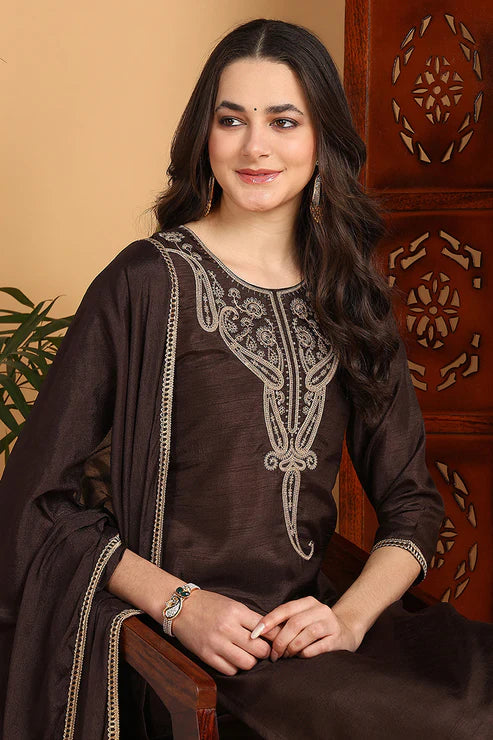 Brown Silk Blend Solid Embroidered Straight Suit Set