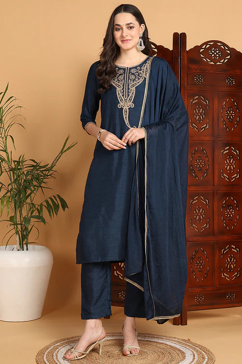 Blue Silk Blend Solid Embroidered Straight Suit Set