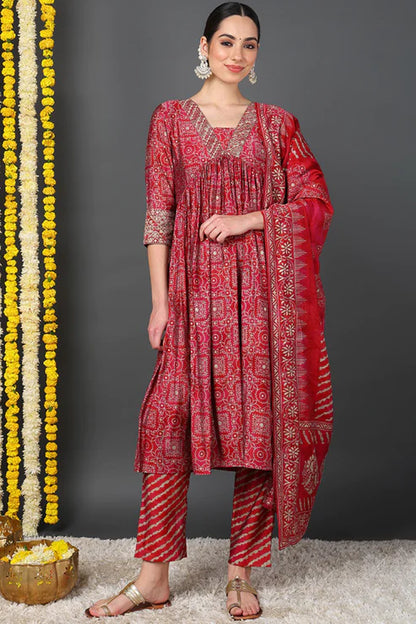 Maroon Polyester Ethnic Motifs Printed Flared Suit Set