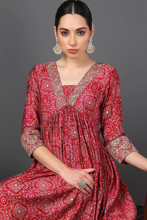 Maroon Polyester Ethnic Motifs Printed Flared Suit Set