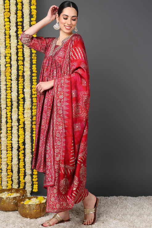 Maroon Polyester Ethnic Motifs Printed Flared Suit Set