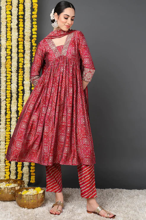 Maroon Polyester Ethnic Motifs Printed Flared Suit Set