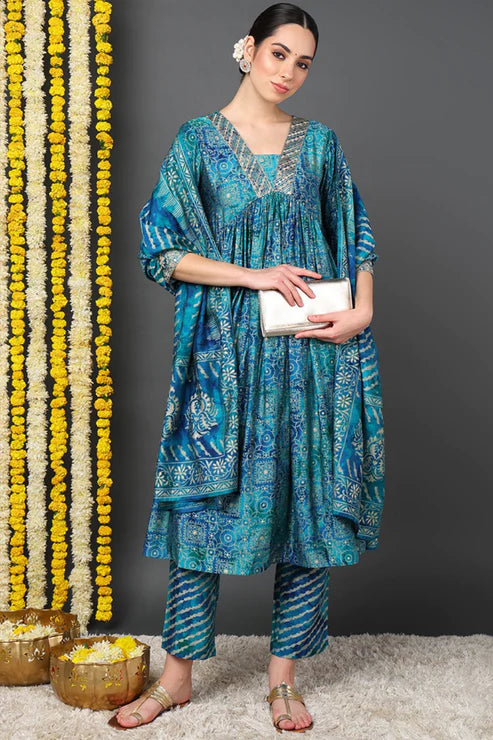 Teal Polyester Ethnic Motifs Printed Flared Suit