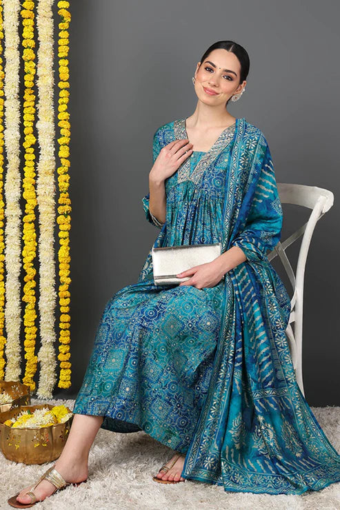 Teal Polyester Ethnic Motifs Printed Flared Suit