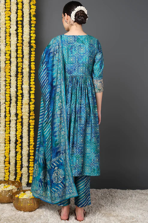 Teal Polyester Ethnic Motifs Printed Flared Suit