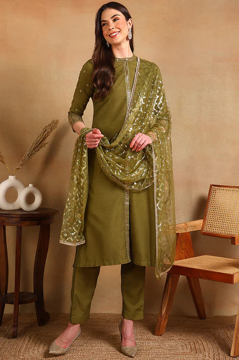 Olive Green Silk Blend Embroidered Straight Suit Set