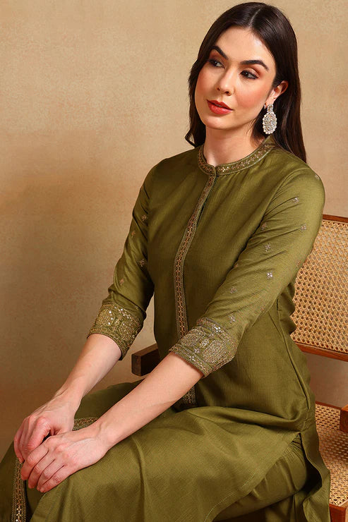 Olive Green Silk Blend Embroidered Straight Suit Set