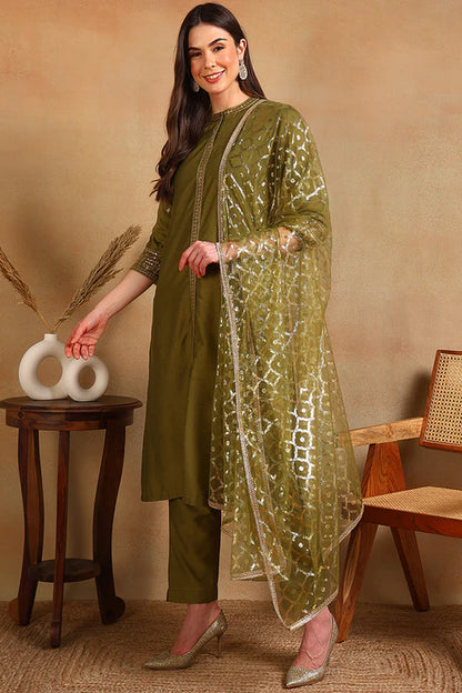 Olive Green Silk Blend Embroidered Straight Suit Set