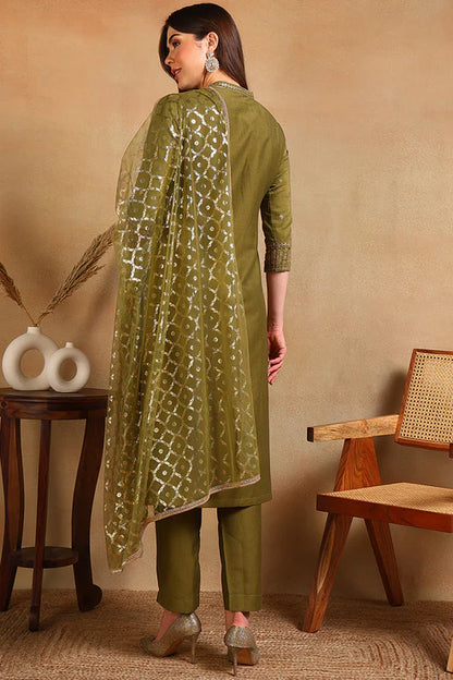 Olive Green Silk Blend Embroidered Straight Suit Set