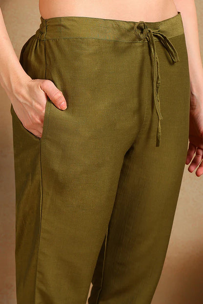 Olive Green Silk Blend Embroidered Straight Suit Set