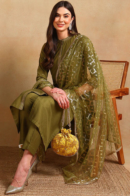 Olive Green Silk Blend Embroidered Straight Suit Set