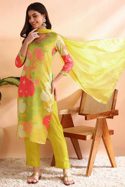 Yellow Rayon Blend Floral Printed Straight Trouser Bottom Suit Set