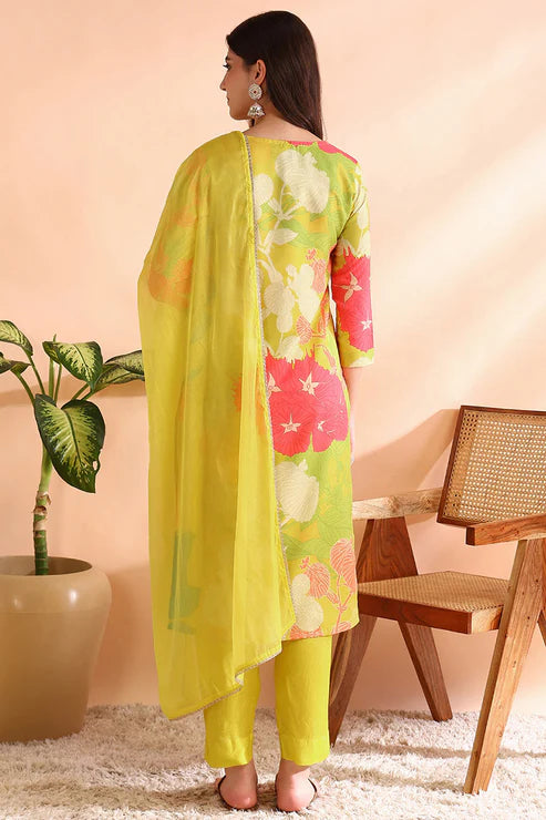 Yellow Rayon Blend Floral Printed Straight Trouser Bottom Suit Set