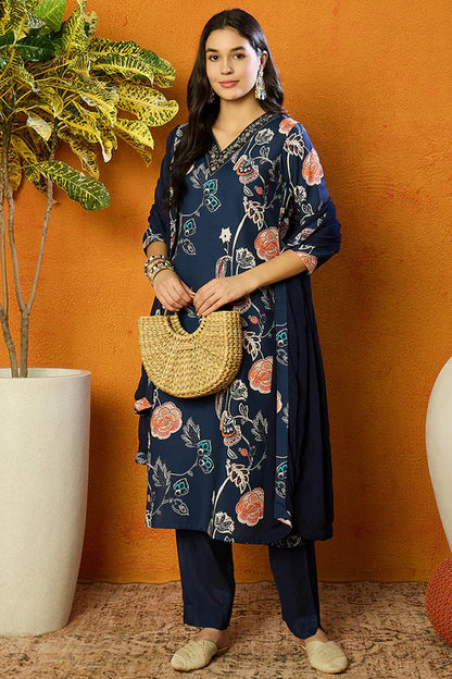 Blue Cotton Blend Floral Printed Straight Suit Set