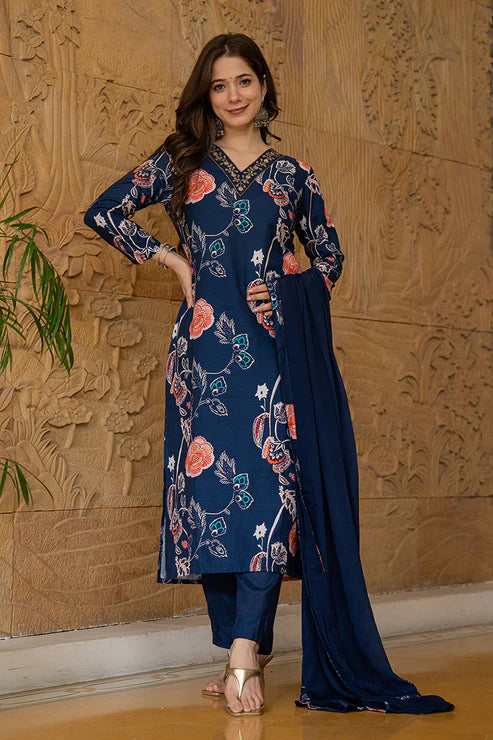 Blue Rayon Blend Floral Printed Straight Suit Set