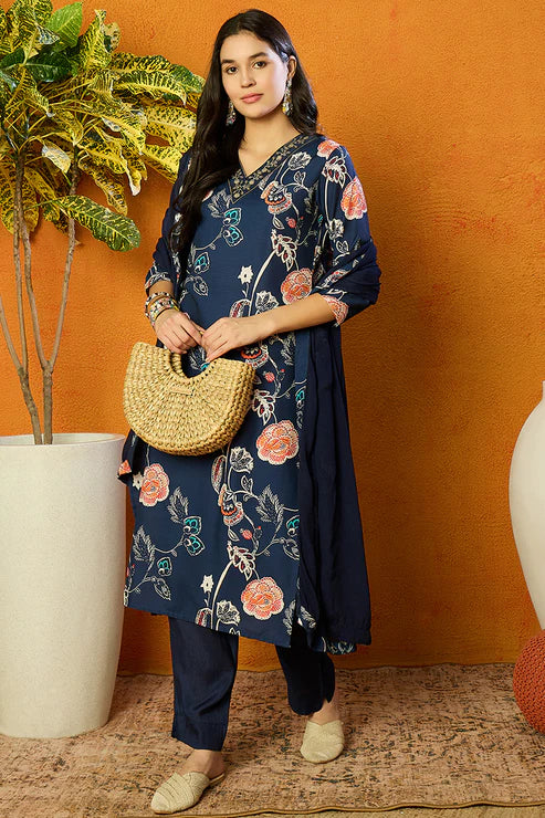 Blue Cotton Blend Floral Printed Straight Suit Set