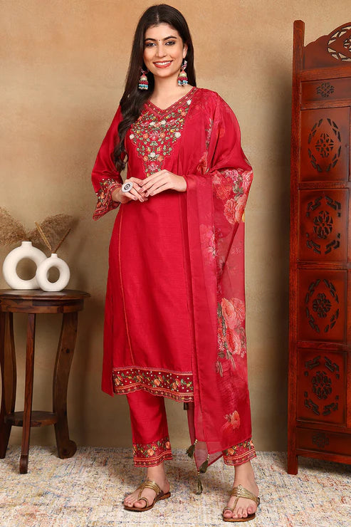 Rani Pink Silk Blend Solid Embroidered Straight Trouser Bottom Suit Set