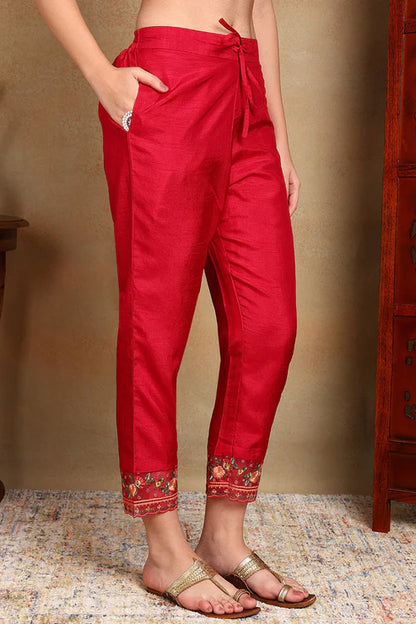 Rani Pink Silk Blend Solid Embroidered Straight Trouser Bottom Suit Set