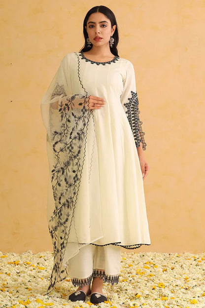 White Silk Blend Solid Embroidered Anarkali Trouser Suit Set