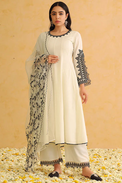 White Silk Blend Solid Embroidered Anarkali Trouser Suit Set