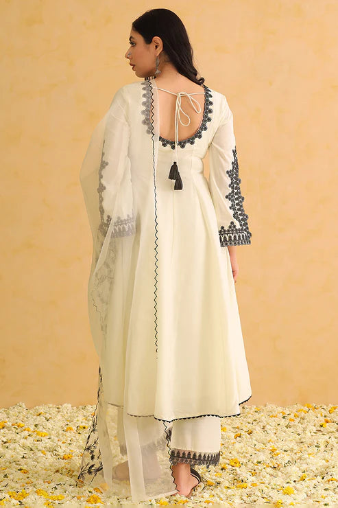 White Silk Blend Solid Embroidered Anarkali Trouser Suit Set