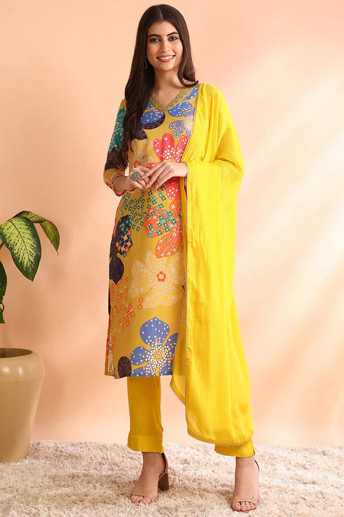 Yellow Cotton Blend Floral Printed Straight Trouser Suit Set