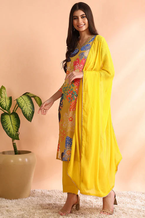 Yellow Cotton Blend Floral Printed Straight Trouser Suit Set