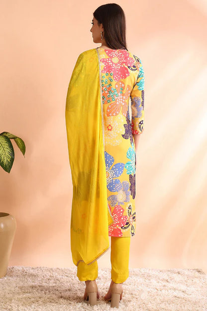 Yellow Cotton Blend Floral Printed Straight Trouser Suit Set