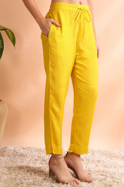 Yellow Cotton Blend Floral Printed Straight Trouser Suit Set