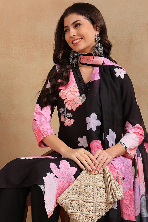 Black Cotton Blend Floral Printed Straight Trouser Suit Set