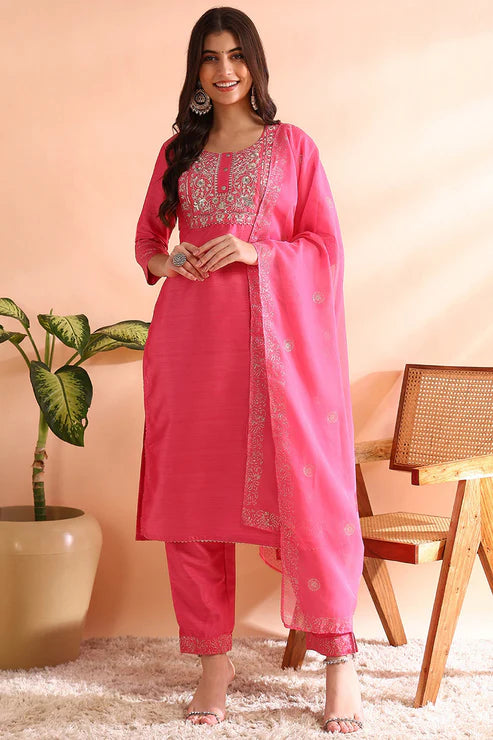 Pink Silk Blend Solid Embroidered Straight Trouser Bottom Suit Set