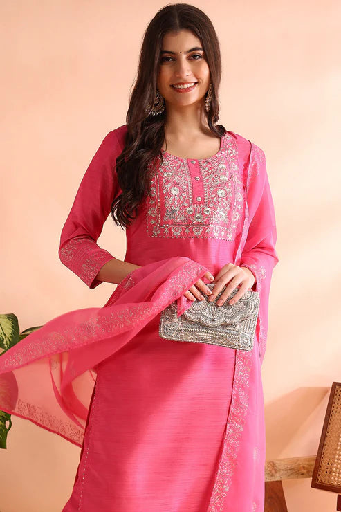 Pink Silk Blend Solid Embroidered Straight Trouser Bottom Suit Set