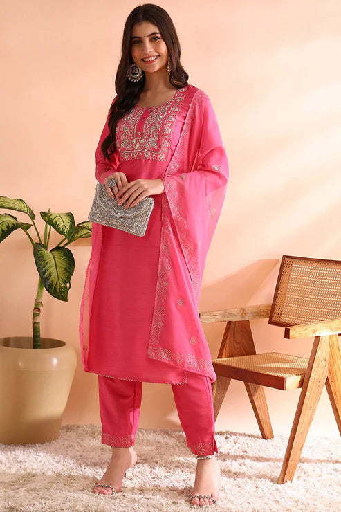 Pink Silk Blend Solid Embroidered Straight Trouser Bottom Suit Set