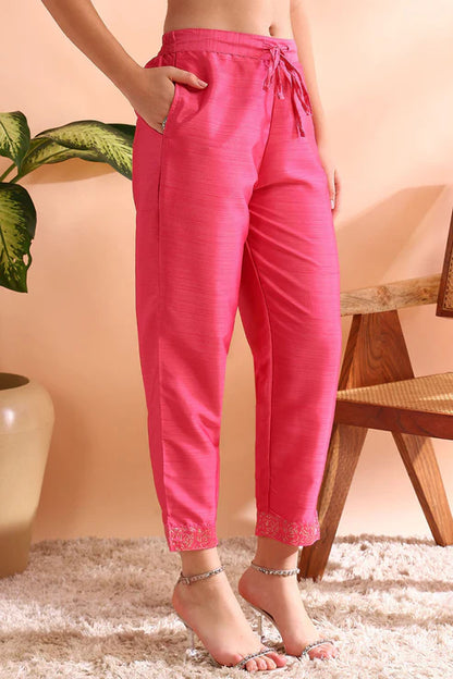 Pink Silk Blend Solid Embroidered Straight Trouser Bottom Suit Set