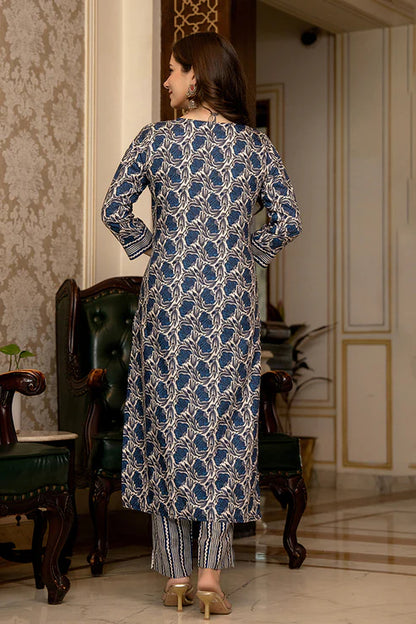 Blue Rayon Blend Floral Printed Straight Trouser Suit Set