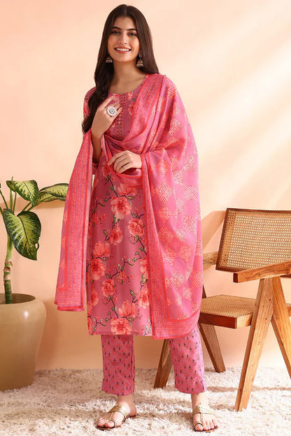 Pink Poly Rayon Floral Printed Straight Trouser Bottom Suit Set