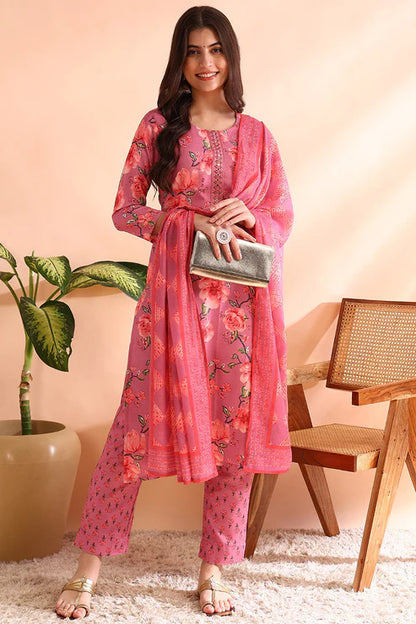 Pink Poly Rayon Floral Printed Straight Trouser Bottom Suit Set