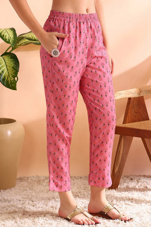 Pink Poly Rayon Floral Printed Straight Trouser Bottom Suit Set