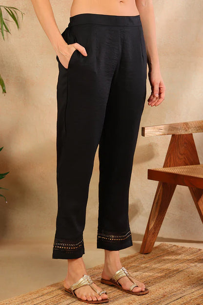 Black Silk Blend Solid Embroidered Straight Trouser Bottom Suit Set