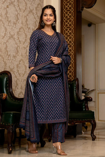 Navy Blue Poly Rayon Ajrakh Printed Straight Trouser Suit Set