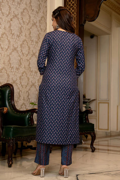 Navy Blue Poly Rayon Ajrakh Printed Straight Trouser Suit Set