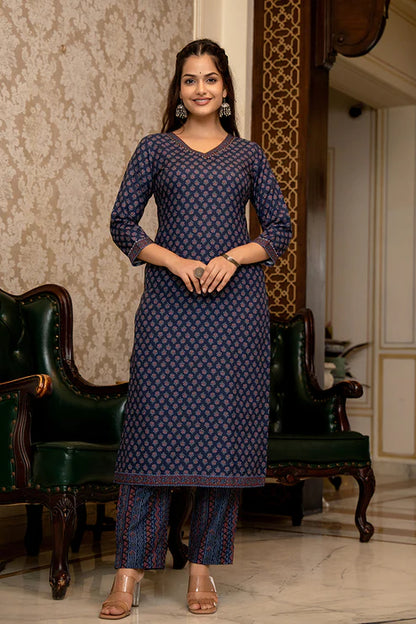 Navy Blue Poly Rayon Ajrakh Printed Straight Trouser Suit Set