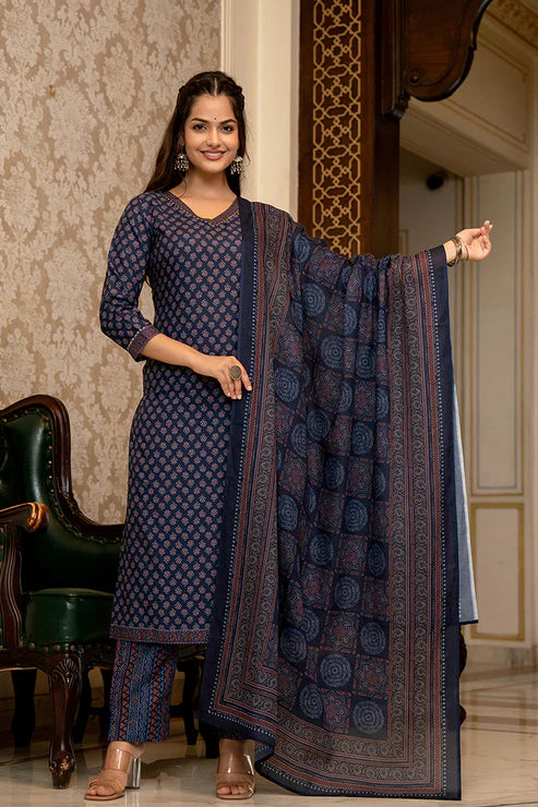 Navy Blue Poly Rayon Ajrakh Printed Straight Trouser Suit Set