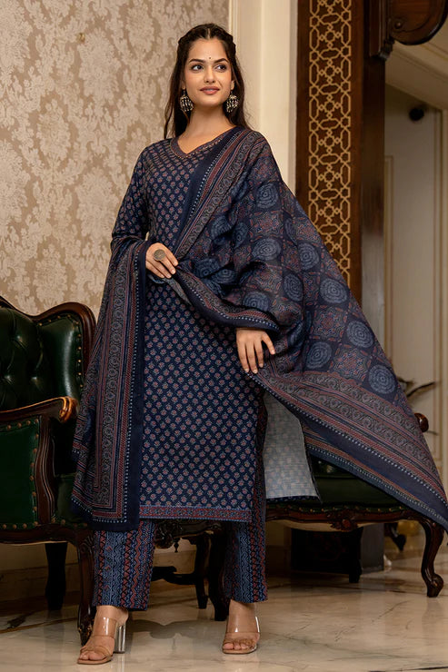 Navy Blue Poly Rayon Ajrakh Printed Straight Trouser Suit Set