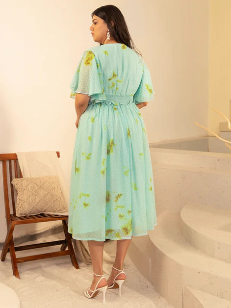 Sea Green Dobby Georgette Tie & dye Fit & Flare Dress