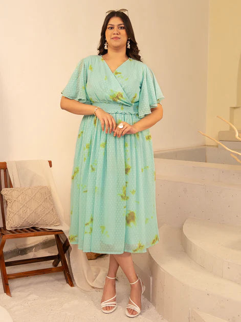 Sea Green Dobby Georgette Tie & dye Fit & Flare Dress