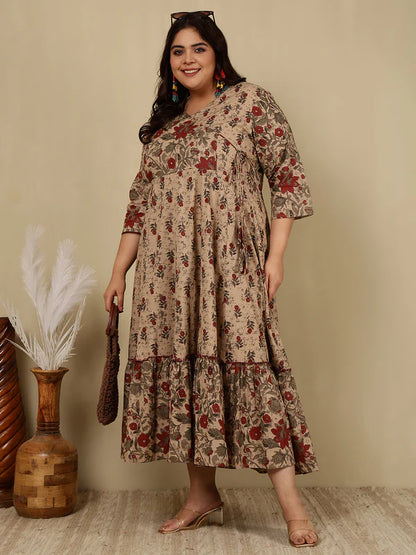 Cotton Calf Length Printed Flared 3/4 Sleeves V-Neck Kurta